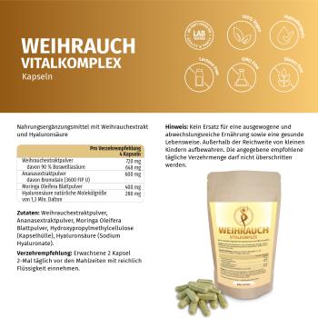 Moringa Oleifera Blattpulver Vegetarische HyaluronsÃ¤ure (Sodium Hyaluronate) natÃ¼rliche MolekÃ¼lgrÃ¶ÃŸe von 1,1-1,5 Mln. Dalton Weihrauch Extrakt (Boswellia serrata)  standardisiert auf 60% boswellic acids Bromelain (2400 GDU/g) Arthrose Gelenk